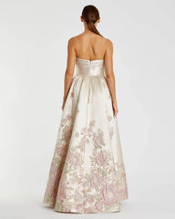 Ivory Strapless Brocade Floral Ball Gown With Bow Detail