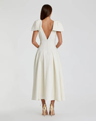Ivory Crepe A Line Midi Dress With Bow Straps