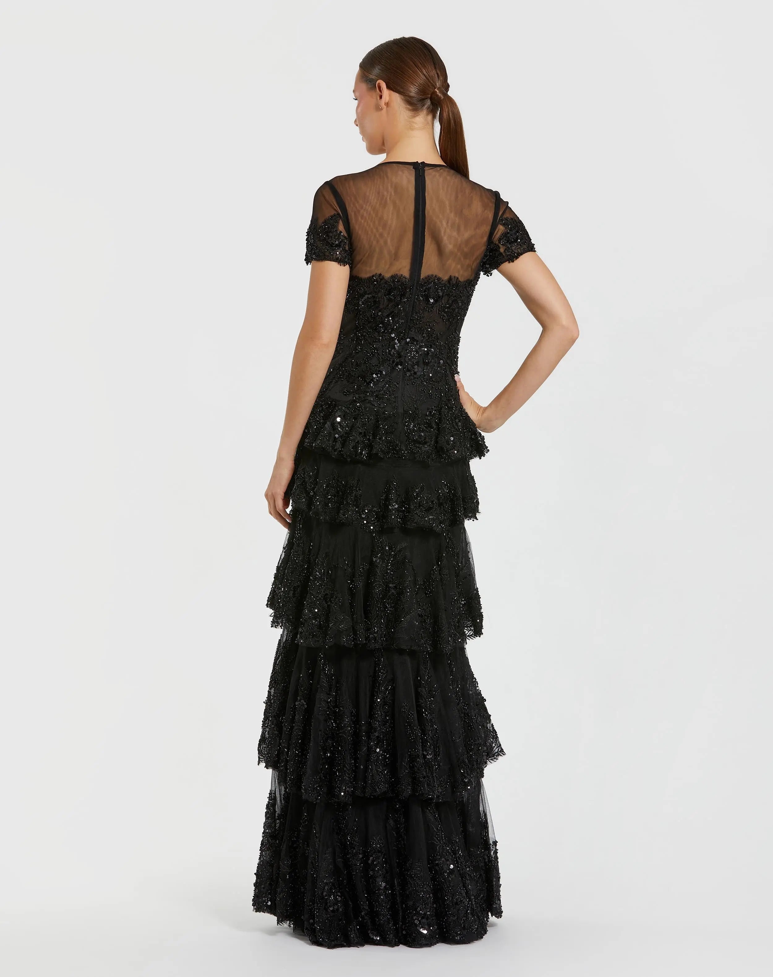 Black Short Sleeve Tiered Evening Gown with Embellishments