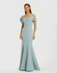 Blue Off The Shoulder Crepe Mermaid Gown