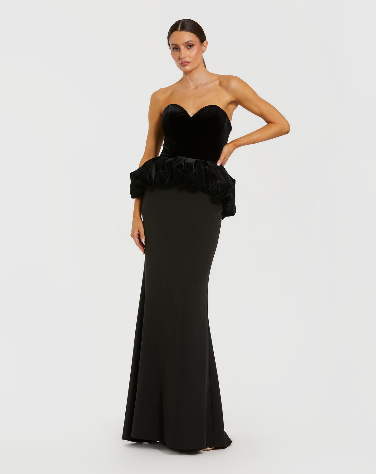 Black Strapless Velvet Peplum Gown