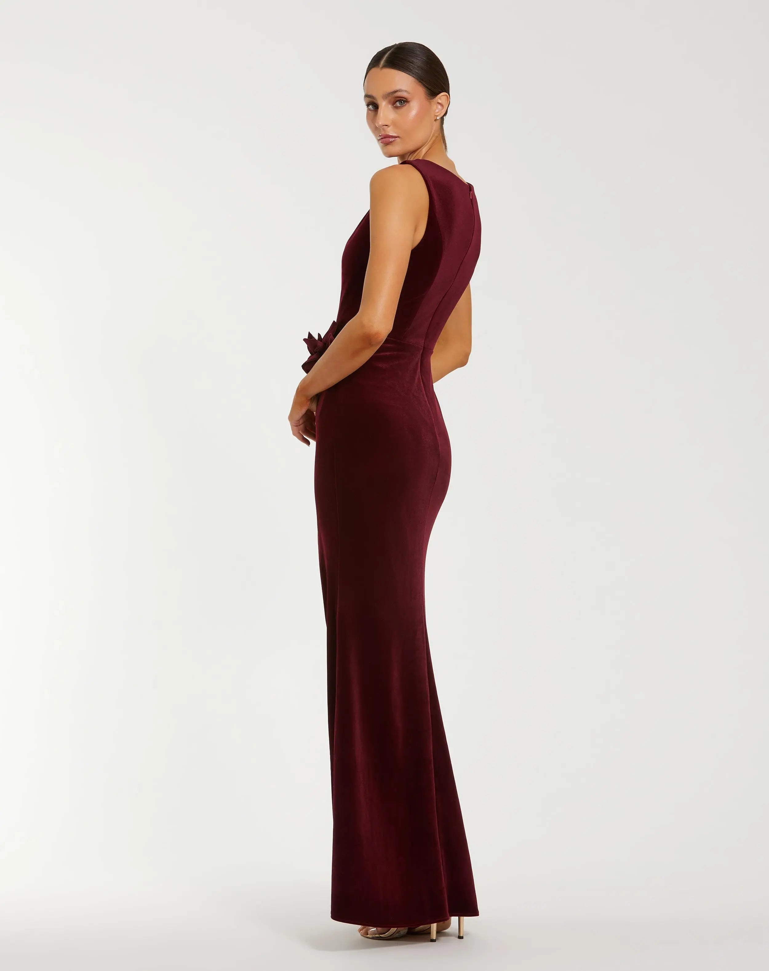 Dark Red High Neck Velvet Column Gown With 3D Flowers