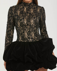 Black Mock Neck Long Sleeve Lace And Velvet Mini Dress