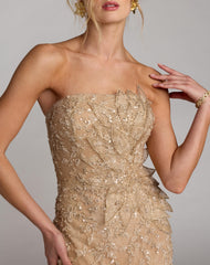 Beige Strapless Embellished Lace Gown with 3D Flower
