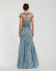 Blue Embellished Lace Evening Gown with Illusion Neckline