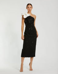 Black Crepe One Shoulder Beaded Midi Dress With Bow