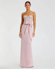 Pink Strapless Embellished Crepe Gown With Bow