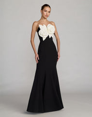 Strapless Crepe Mermaid Gown With 3D Flowers