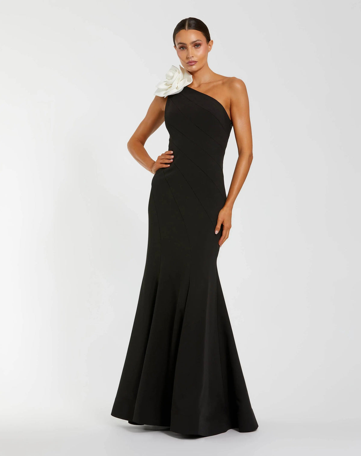 Black One Shoulder Mermaid Gown With 3D Flower