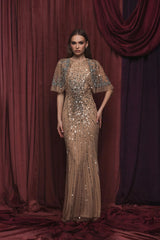 Beige Embellished Mesh Fitted Gown With Capelet