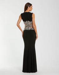 Black Sleeveless Jersey Gown With Beaded Waist Detail