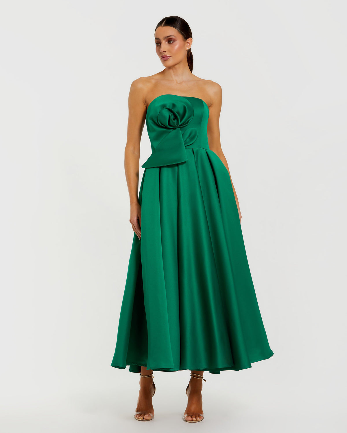Green Strapless Satin A Line Midi Dress With 3D Flower