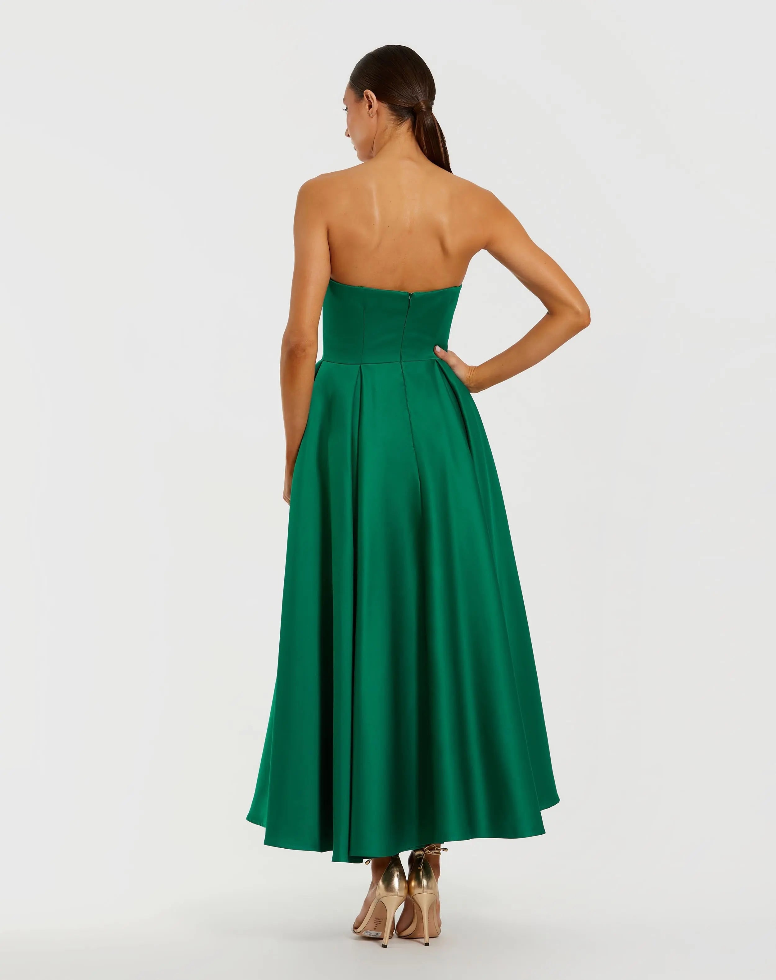 Green Strapless Satin A Line Midi Dress With 3D Flower