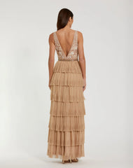 Beige Beaded Mesh V Neck Gown With Tiered Ruffles