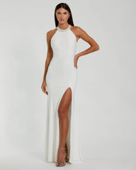 White Beaded Halter Jersey Gown