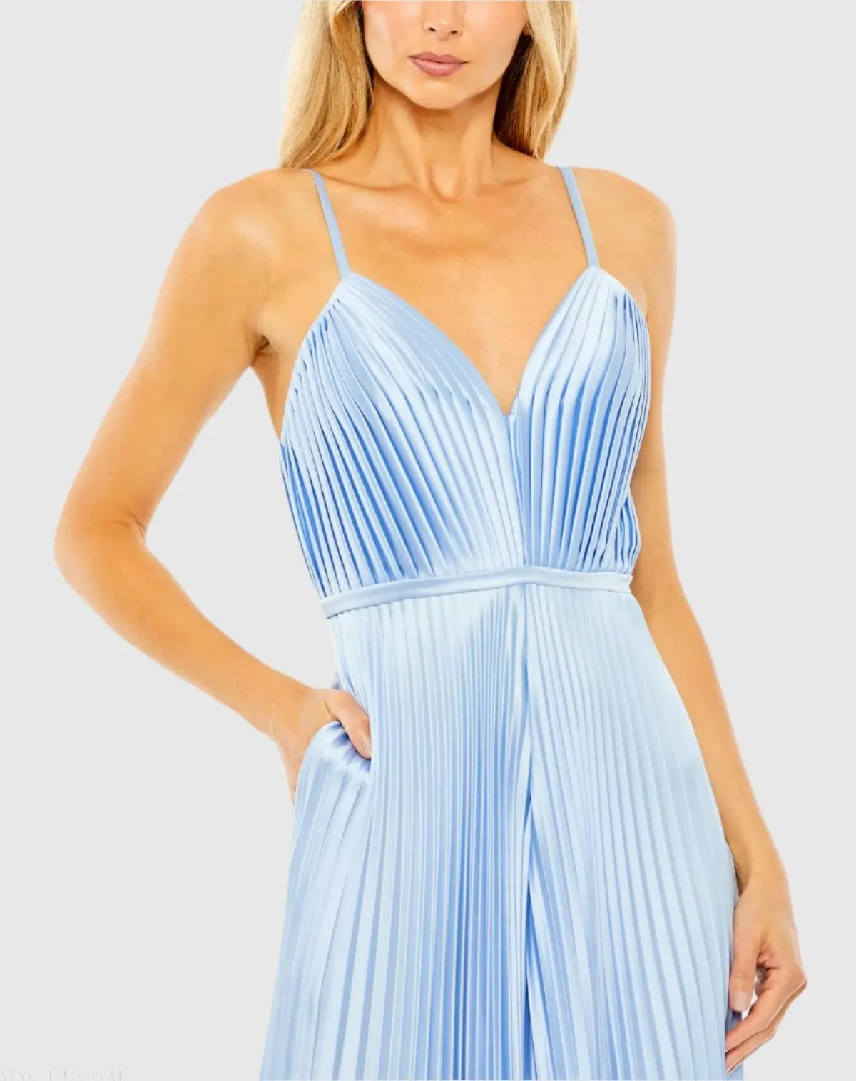 Light Blue Pleated Plunge Neck Wide Leg Jumpsuit