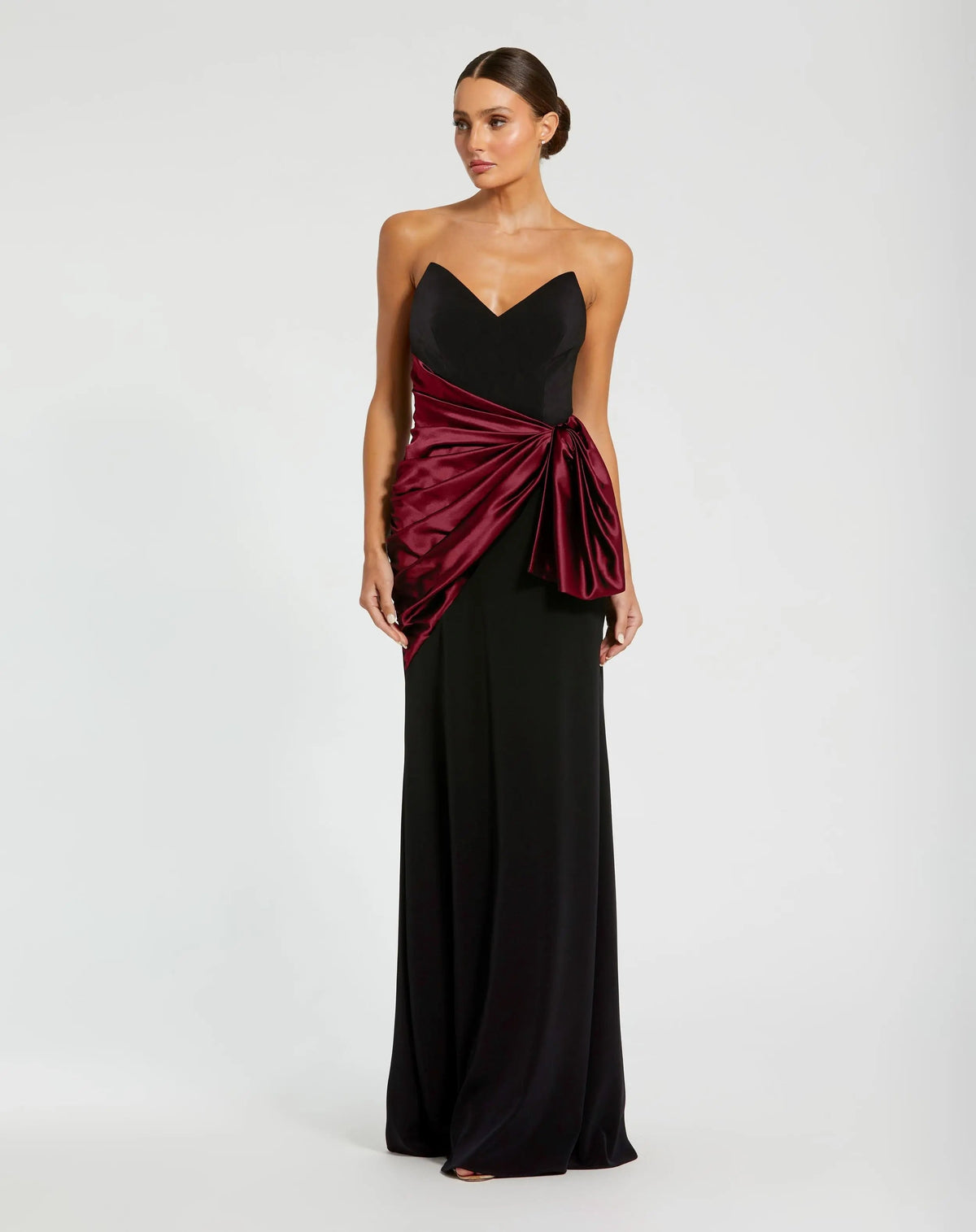 Black Two Tone Draped Strapless Trumpet Gown
