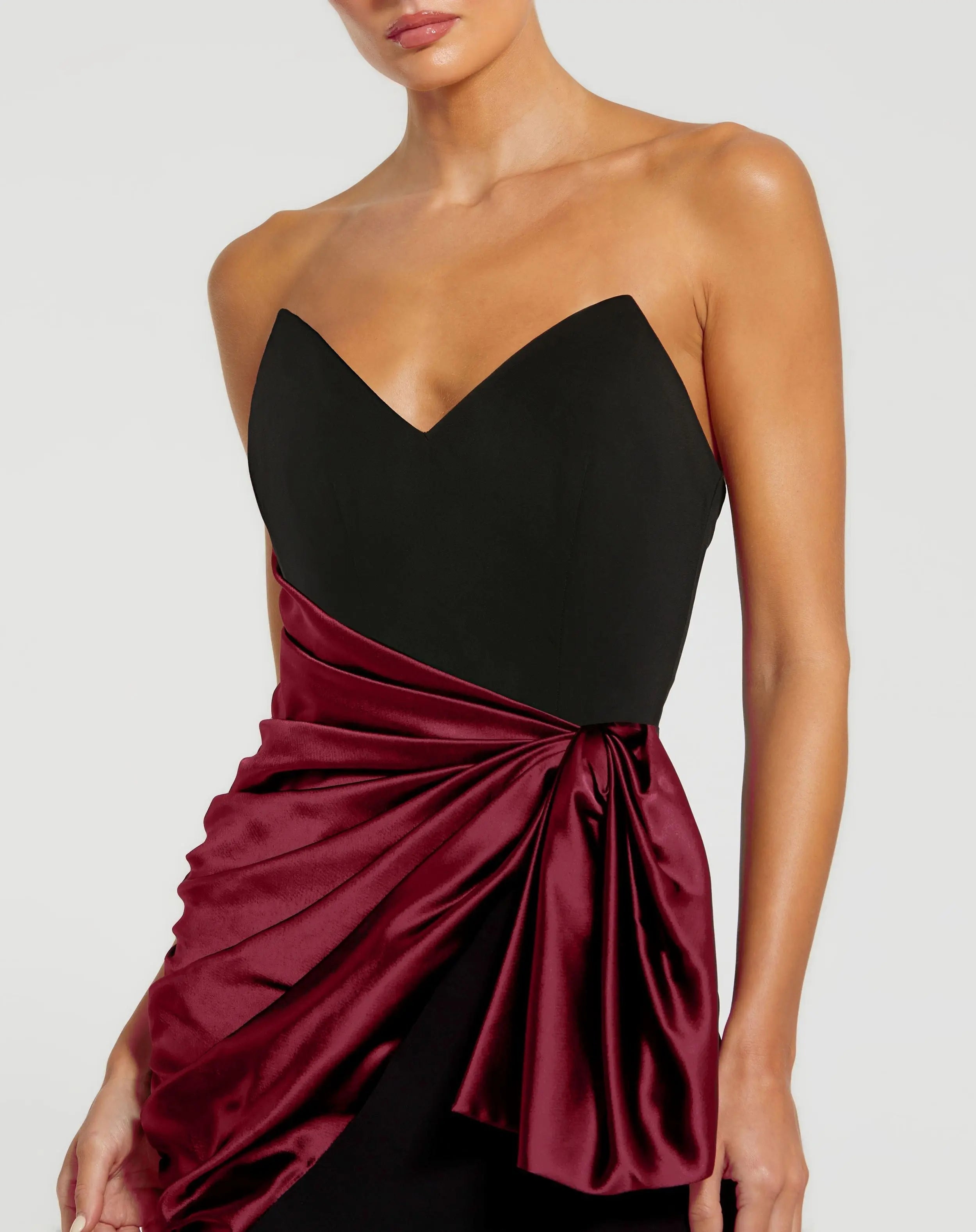 Black Two Tone Draped Strapless Trumpet Gown