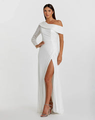 White Sequined Drop Shoulder Faux Wrap Gown - FINAL SALE