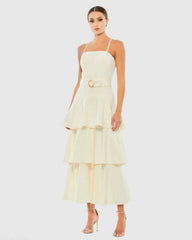 White Belted Tiered Ruffle Sleeveless Midi Dress