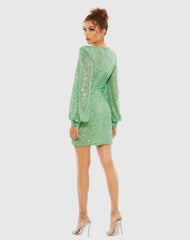 Green Sequined Structured Bishop Sleeve Mini Dress