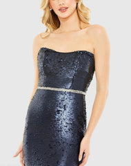 Navy Sequined Strapless Rhinestone Belt Gown - FINAL SALE