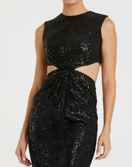 Black Sequin Front Twist Cut Out Sheath Dress