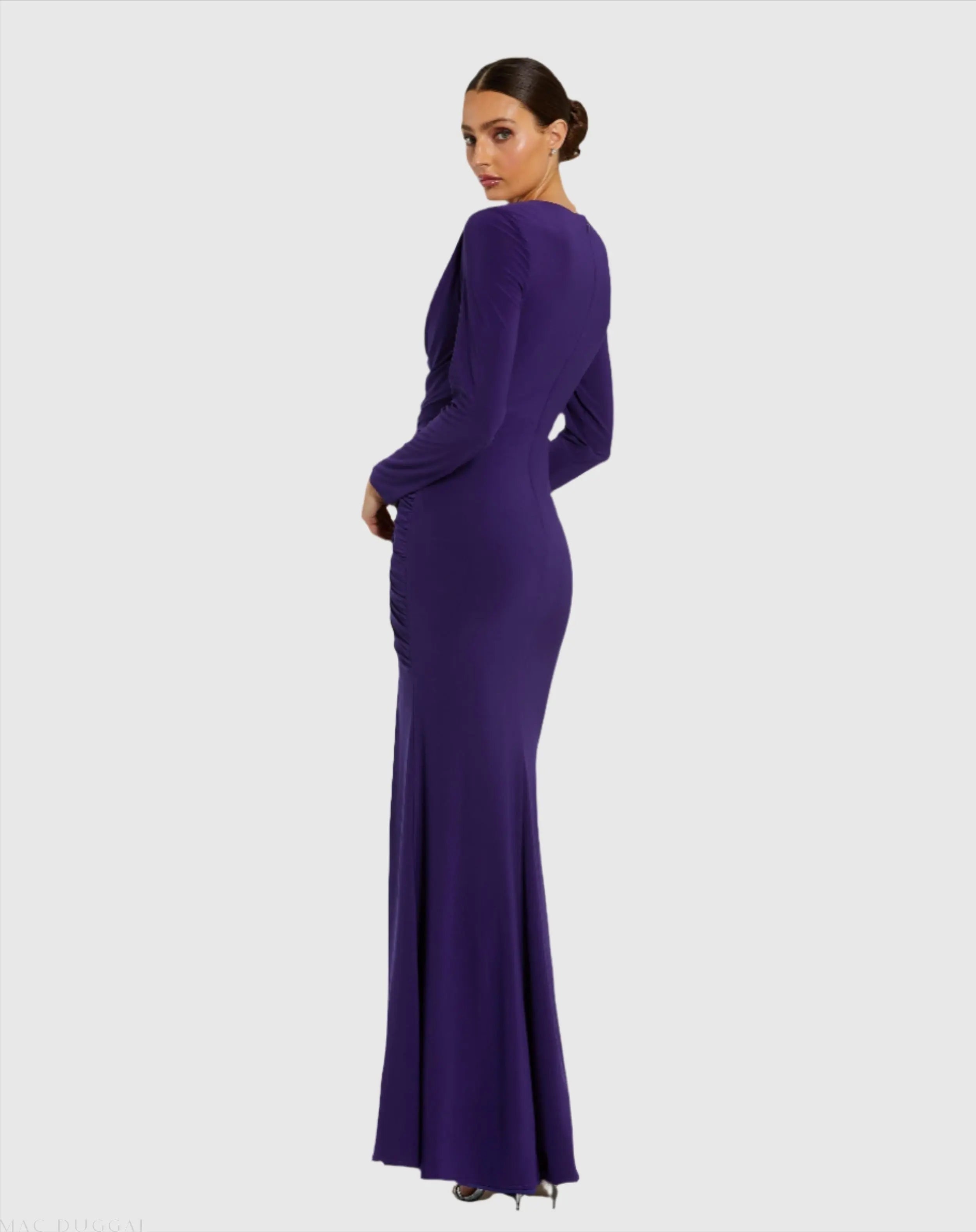 Purple Long Sleeve Cowl Neck Jersey Gown With Slit - FINAL SALE