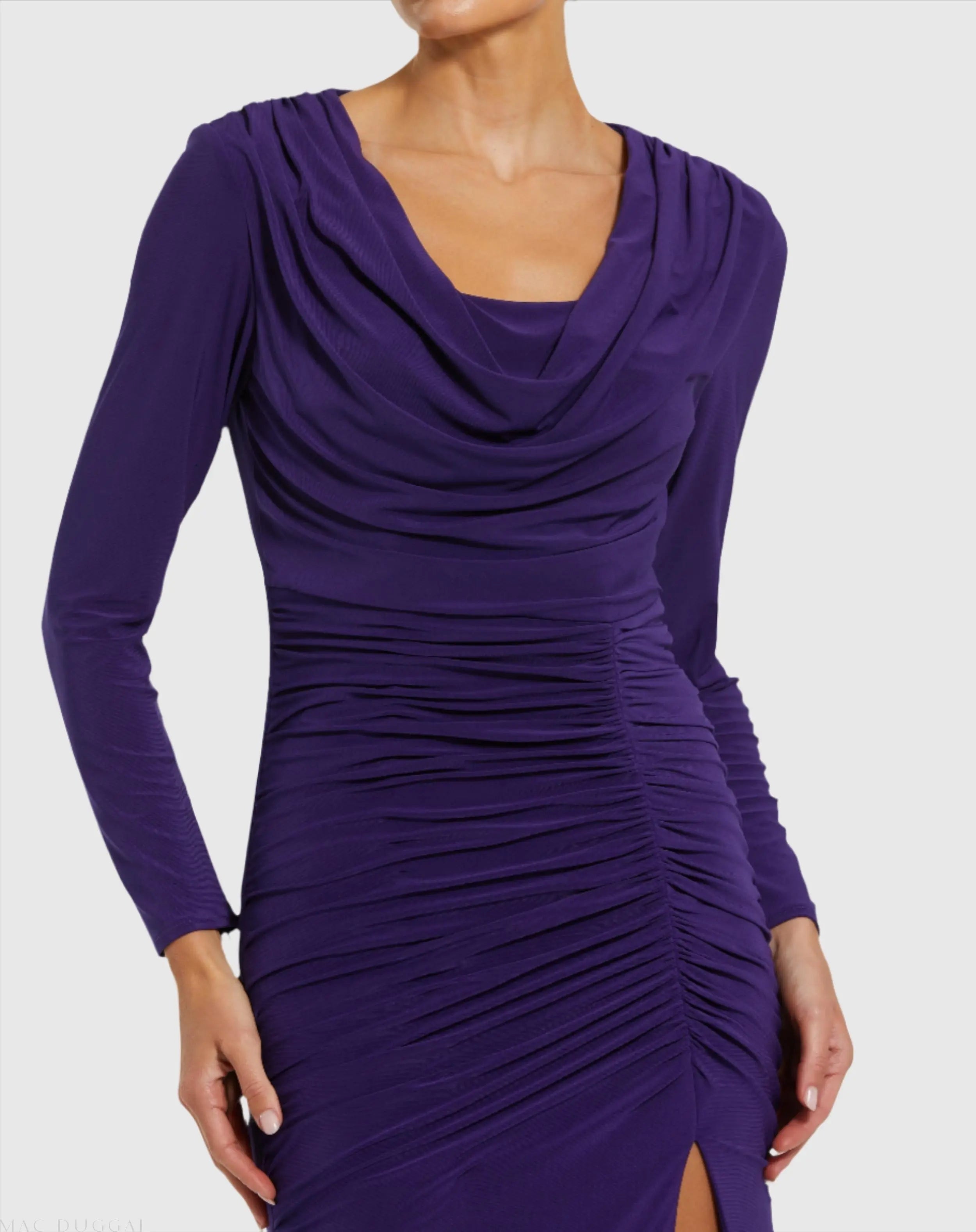 Purple Long Sleeve Cowl Neck Jersey Gown With Slit - FINAL SALE