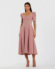 Pink Puff Sleeve Boucle Midi Dress With Beaded Belt