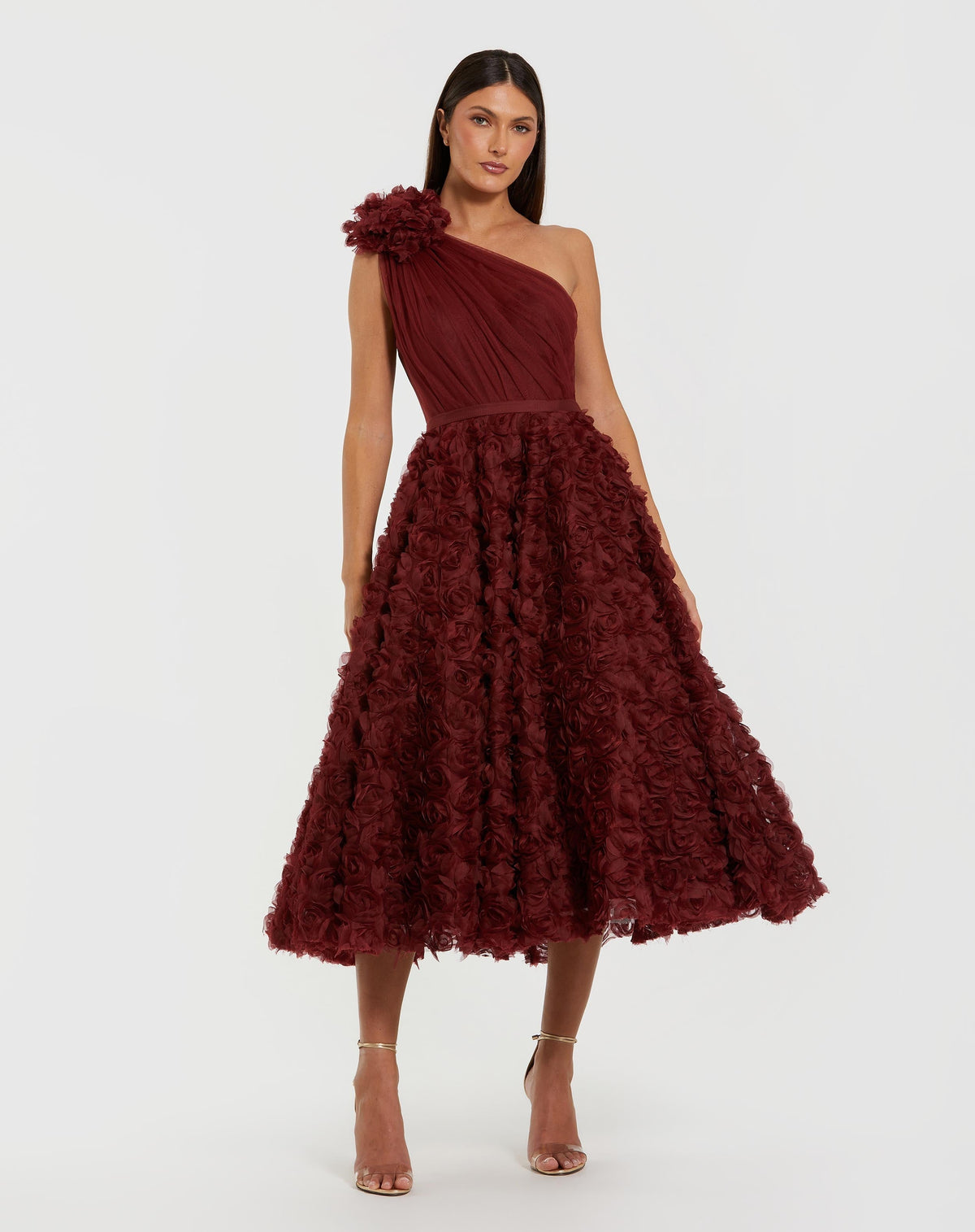 Red One Shoulder Rosette A Line Midi Dress with 3D Flower