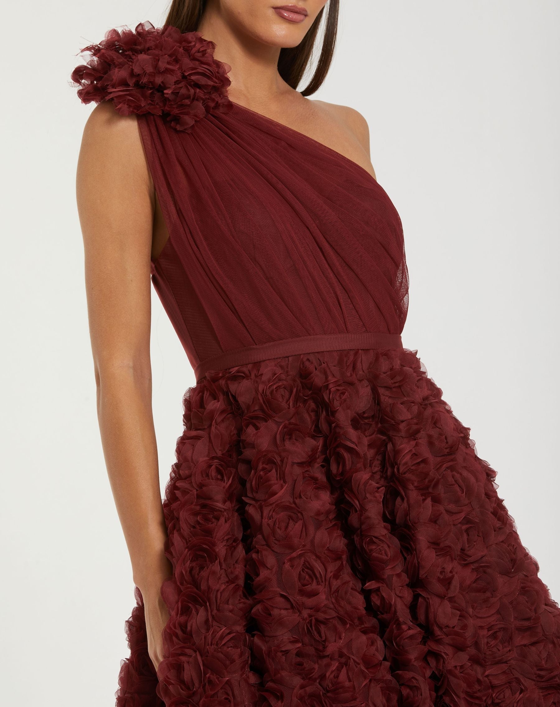 Red One Shoulder Rosette A Line Midi Dress with 3D Flower