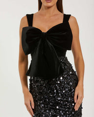 Black Sleeveless Sequin Midi Dress With Velvet Bow