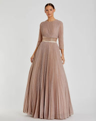 Pink Shimmering Pleated  3/4 Sleeve Ball Gown