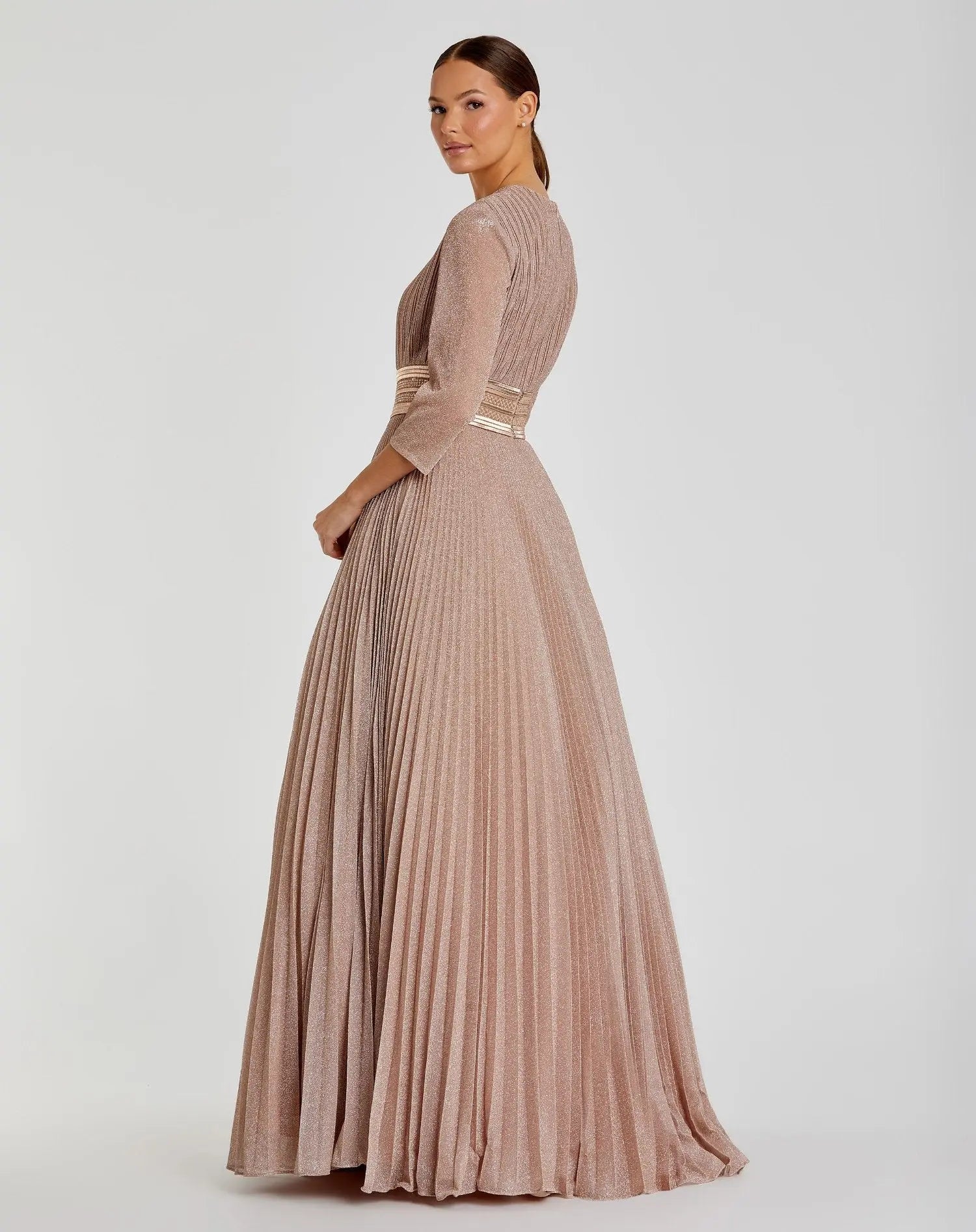 Pink Shimmering Pleated  3/4 Sleeve Ball Gown