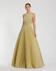 Gold Shimmering Pleated High Neck Ball Gown