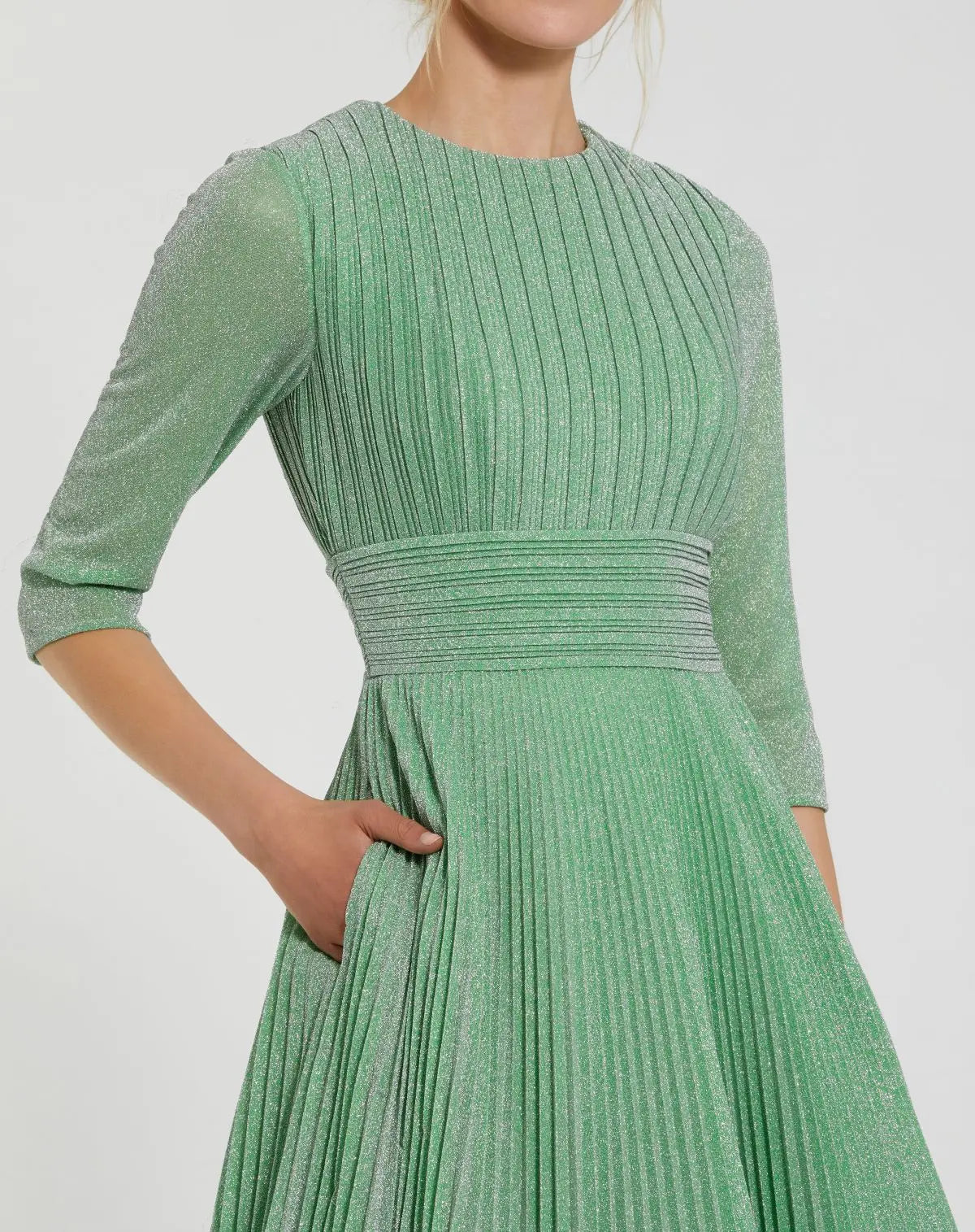 Green Pleated Shimmering 3/4 Sleeve Ball Gown