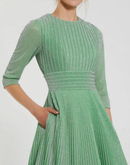 Green Pleated Shimmering 3/4 Sleeve Ball Gown