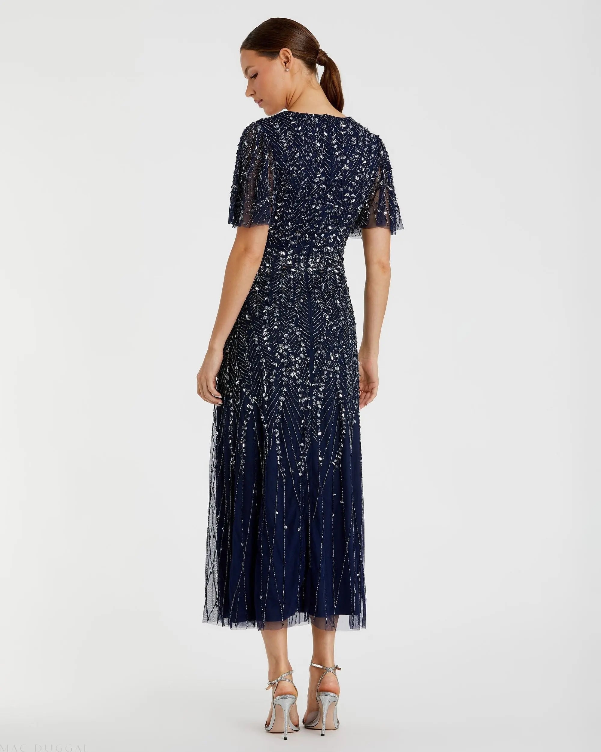 Navy Beaded Wrap Over Butterfly Sleeve Dress