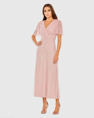 Beaded Wrap Over Butterfly Sleeve Column Dress