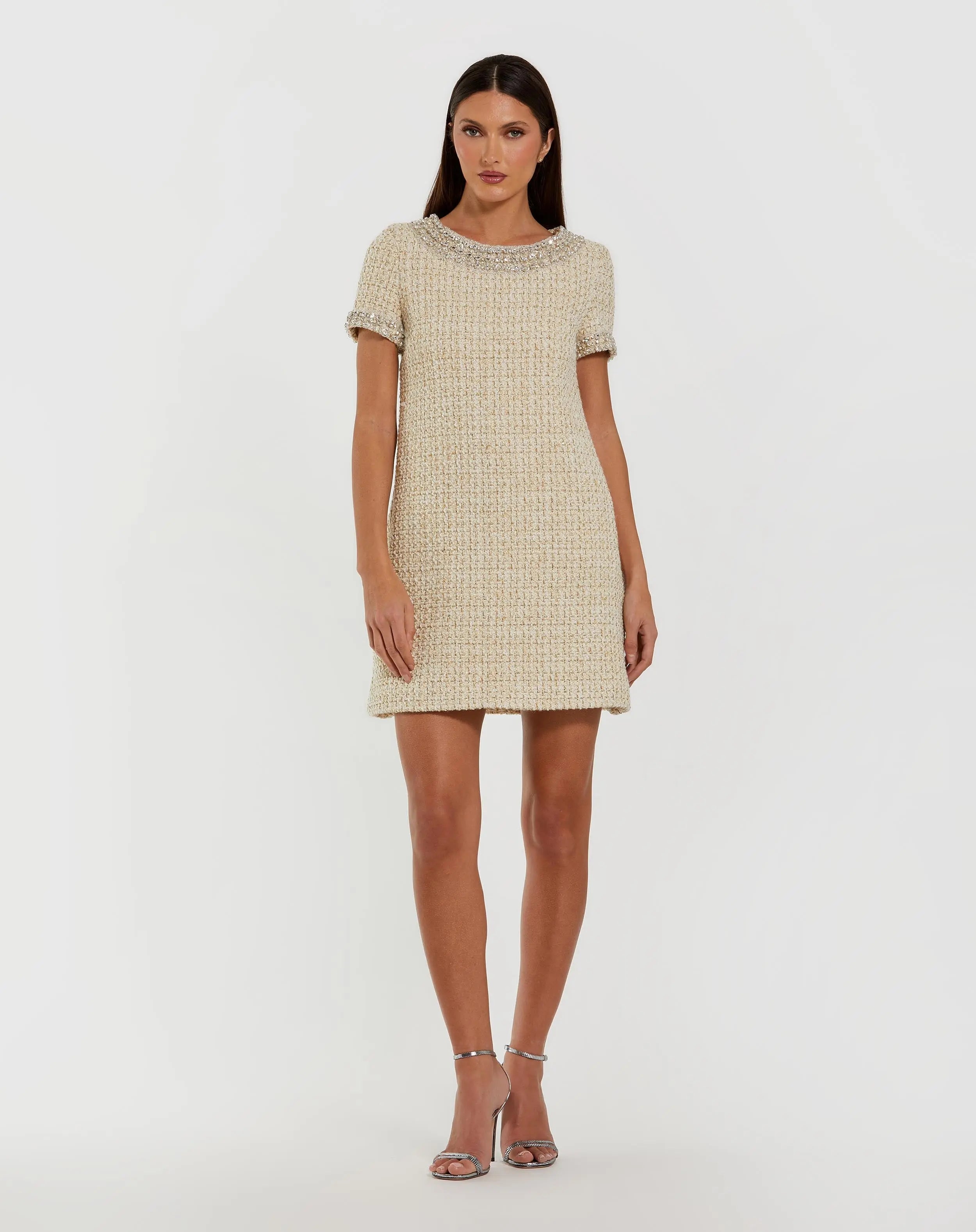 Short Sleeve Embellished Boucle Mini Dress