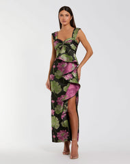 Black Brocade Wide Strap Ankle Length Dress With Ruffle