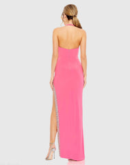 Pink Jersey Halter Neck Beaded Slit Detail Gown - FINAL SALE