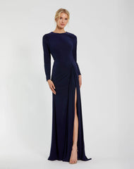 Navy Long Sleeve Fitted Jersey Gown With Ruched Waist
