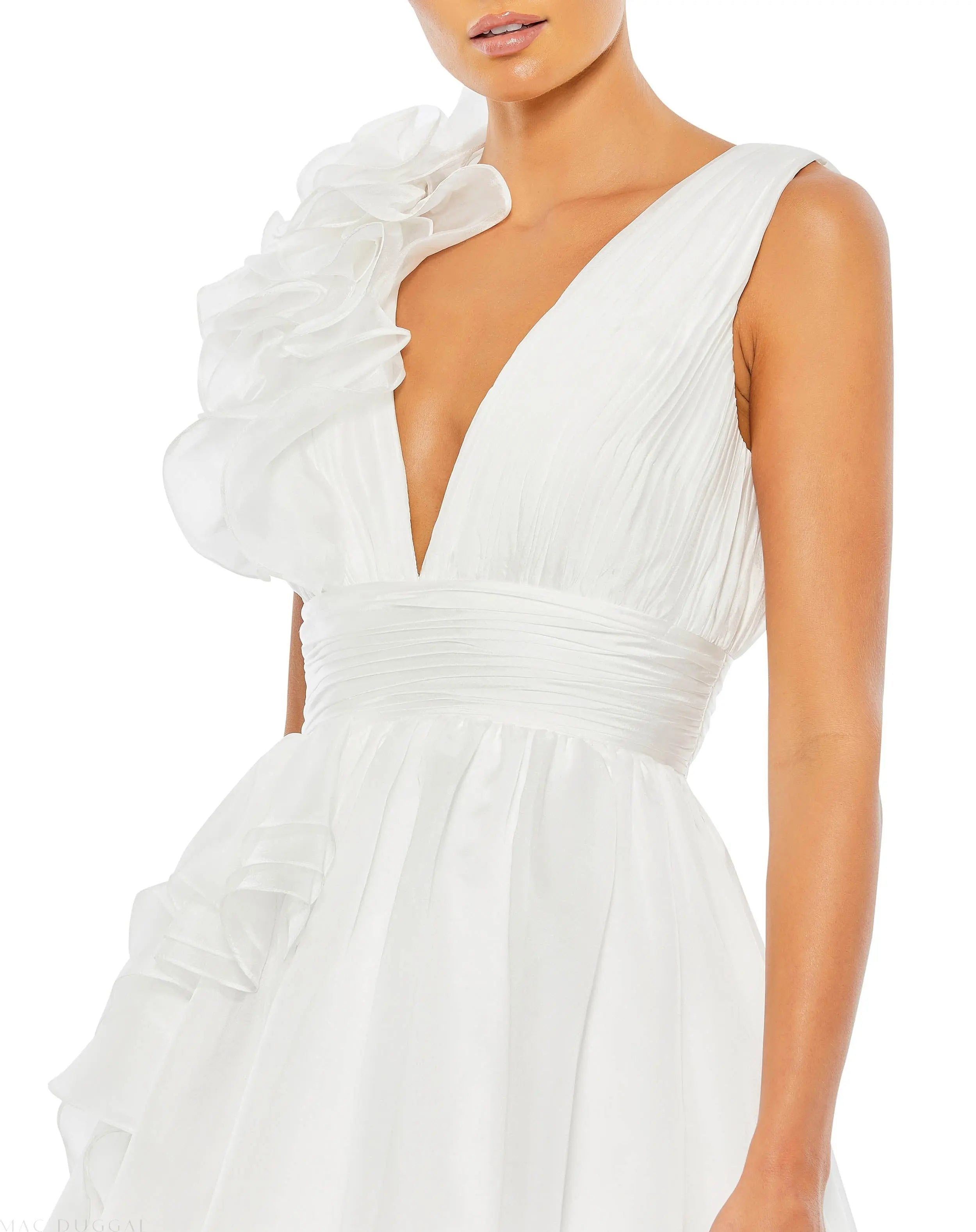 White Ruffle Shoulder V-Neck Chiffon Gown