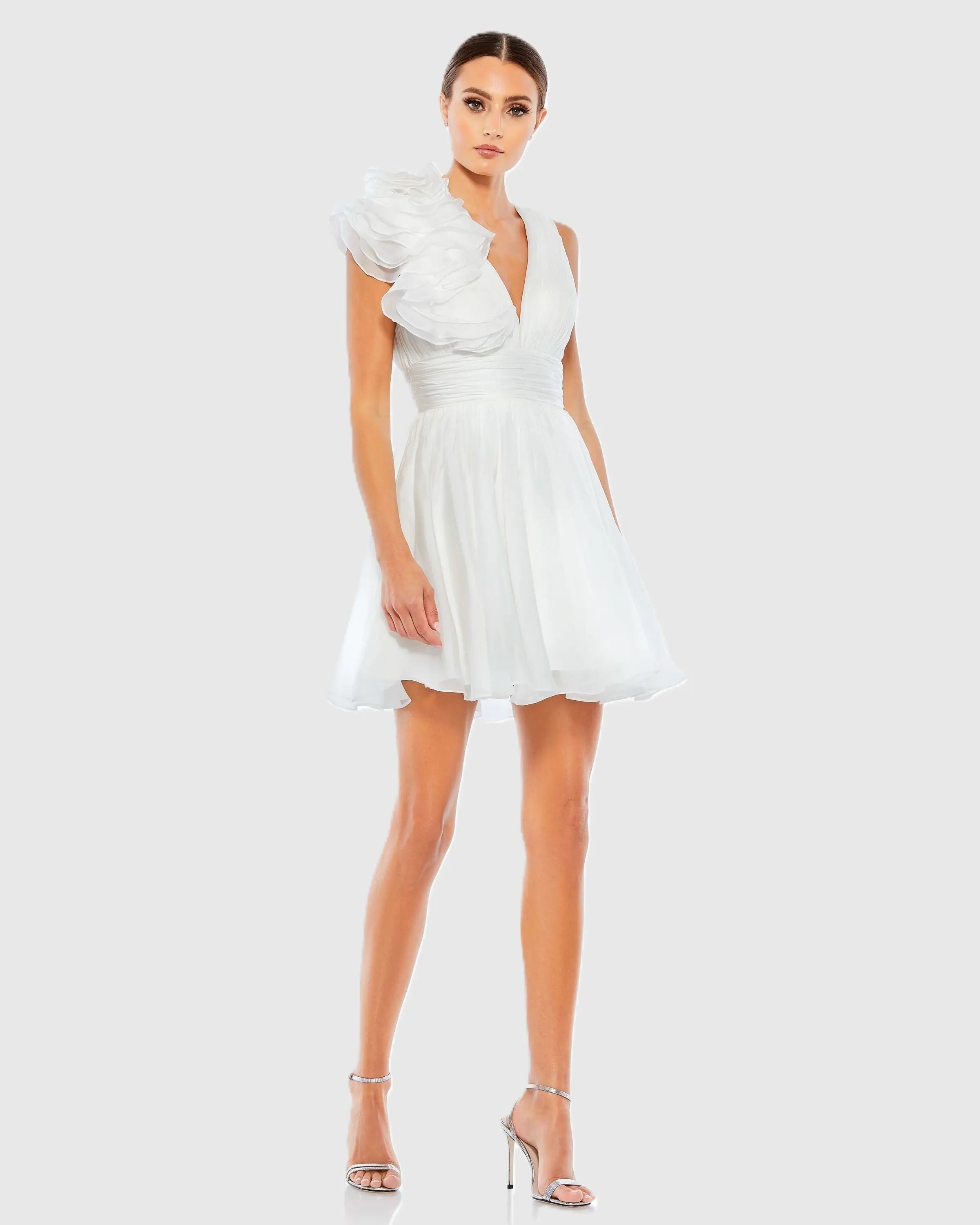 Ruffle V Neck Fit & Flare Mini Dress