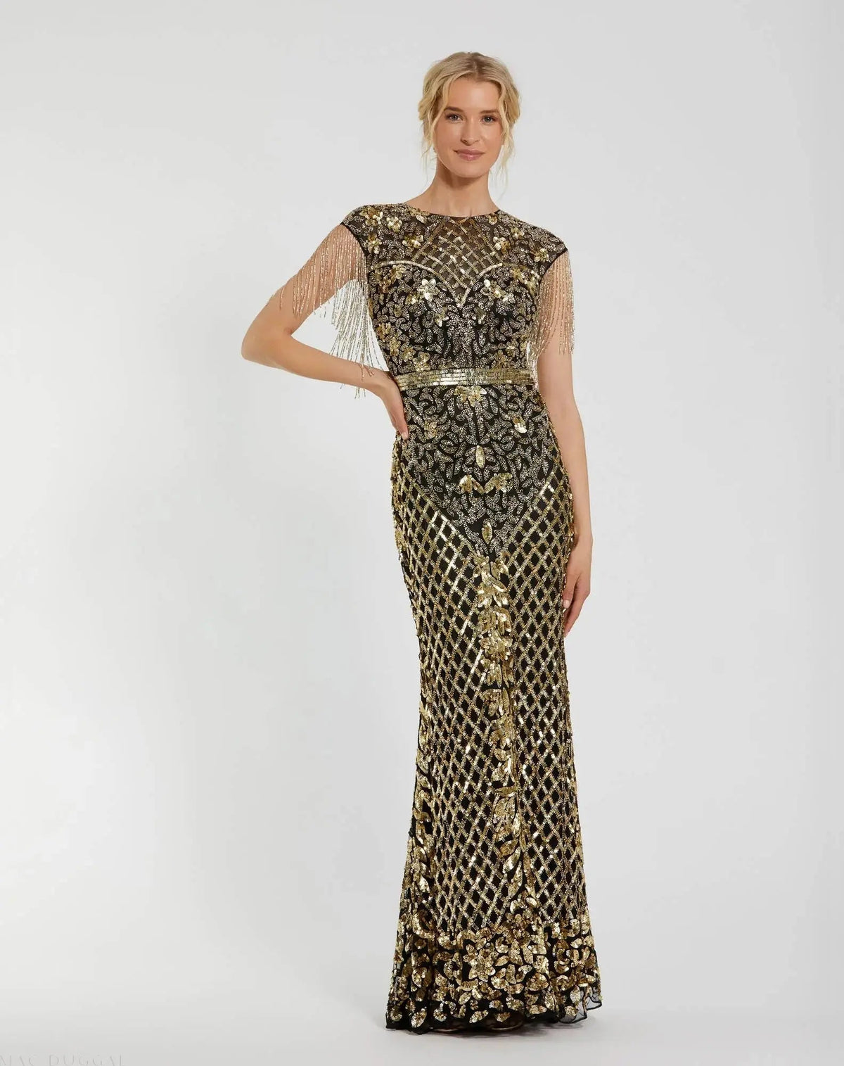Black High Neck Beaded Fringe Fitted Gown
