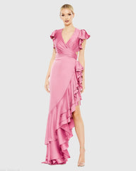 Pink Flutter Sleeve Cut Out Asymmetrical Ruffled Gown - FINAL SALE