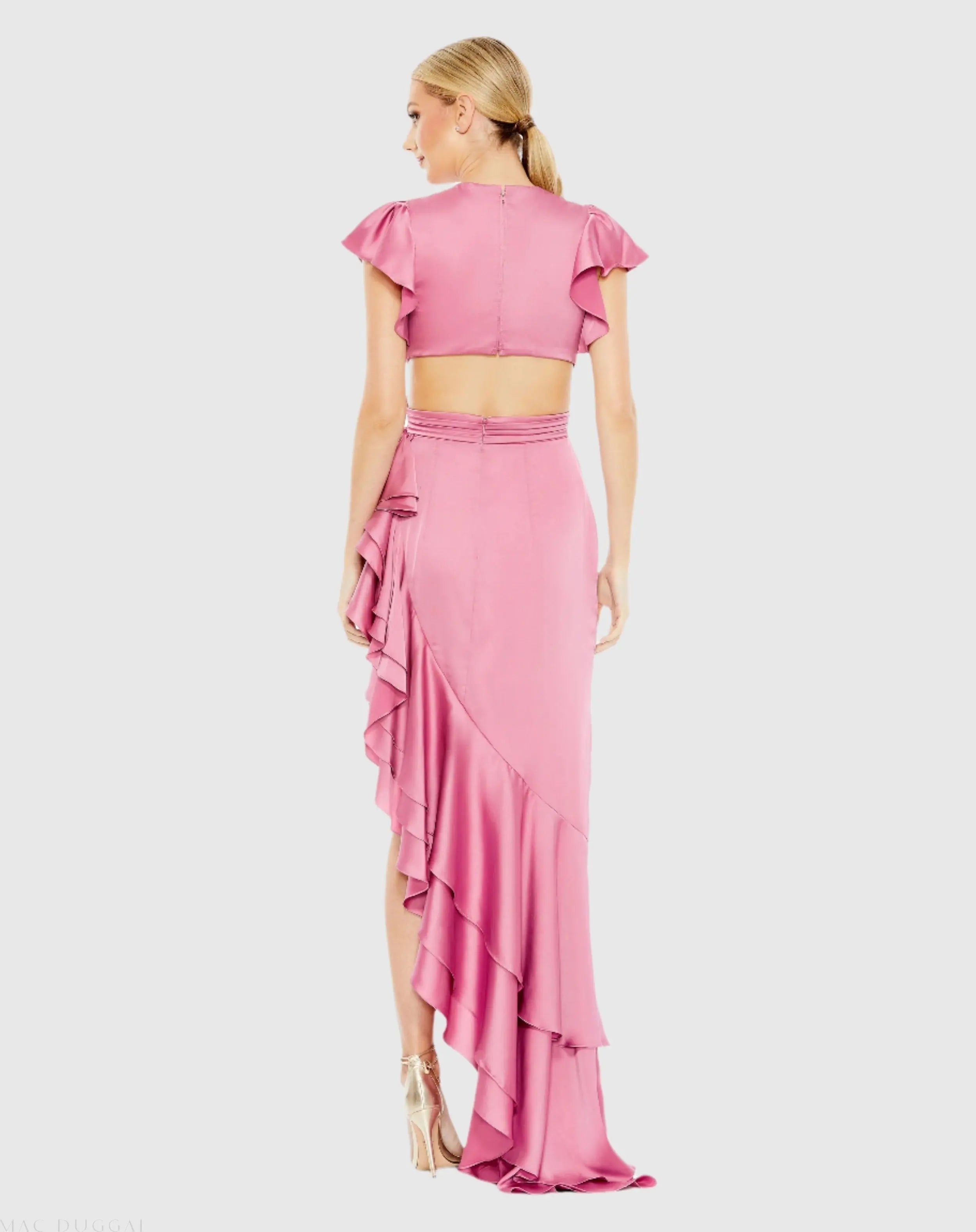 Pink Flutter Sleeve Cut Out Asymmetrical Ruffled Gown - FINAL SALE
