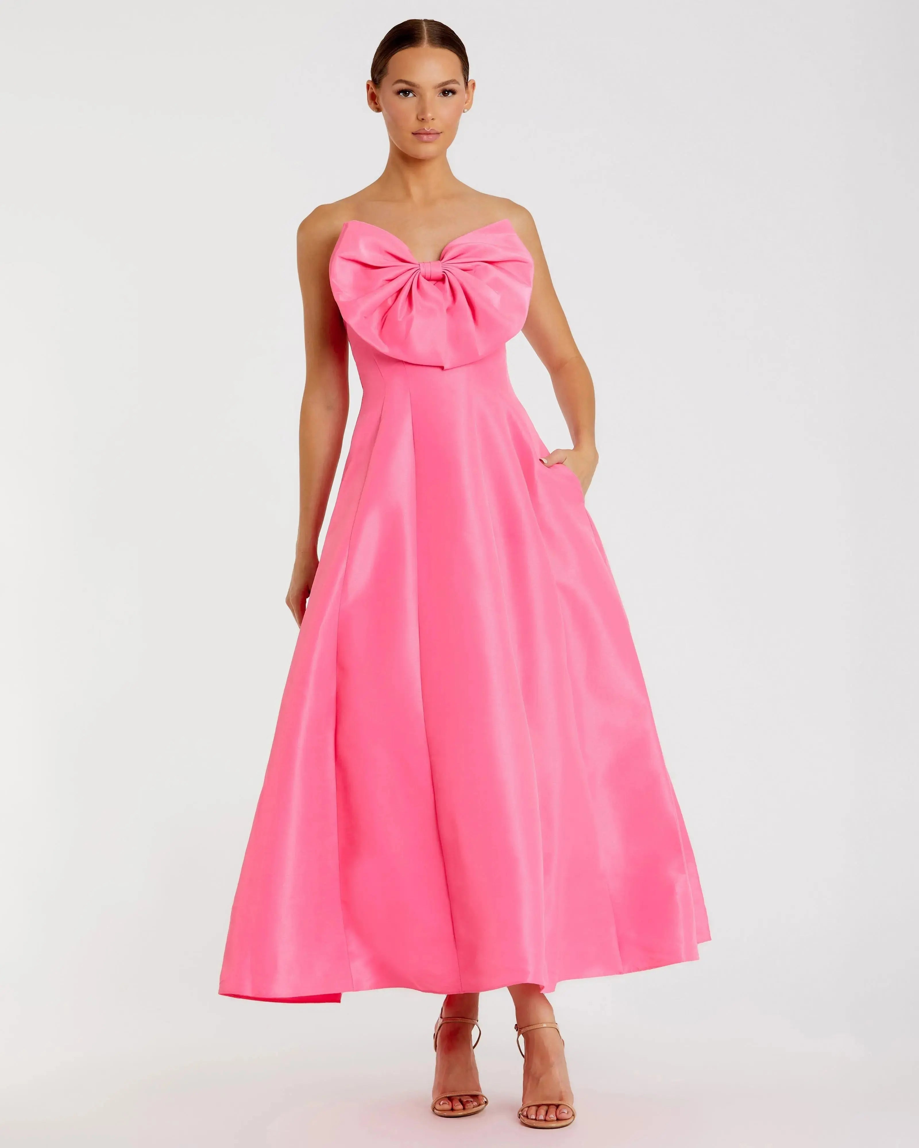 Strapless A-Line Tea Length Statement Bow Dress